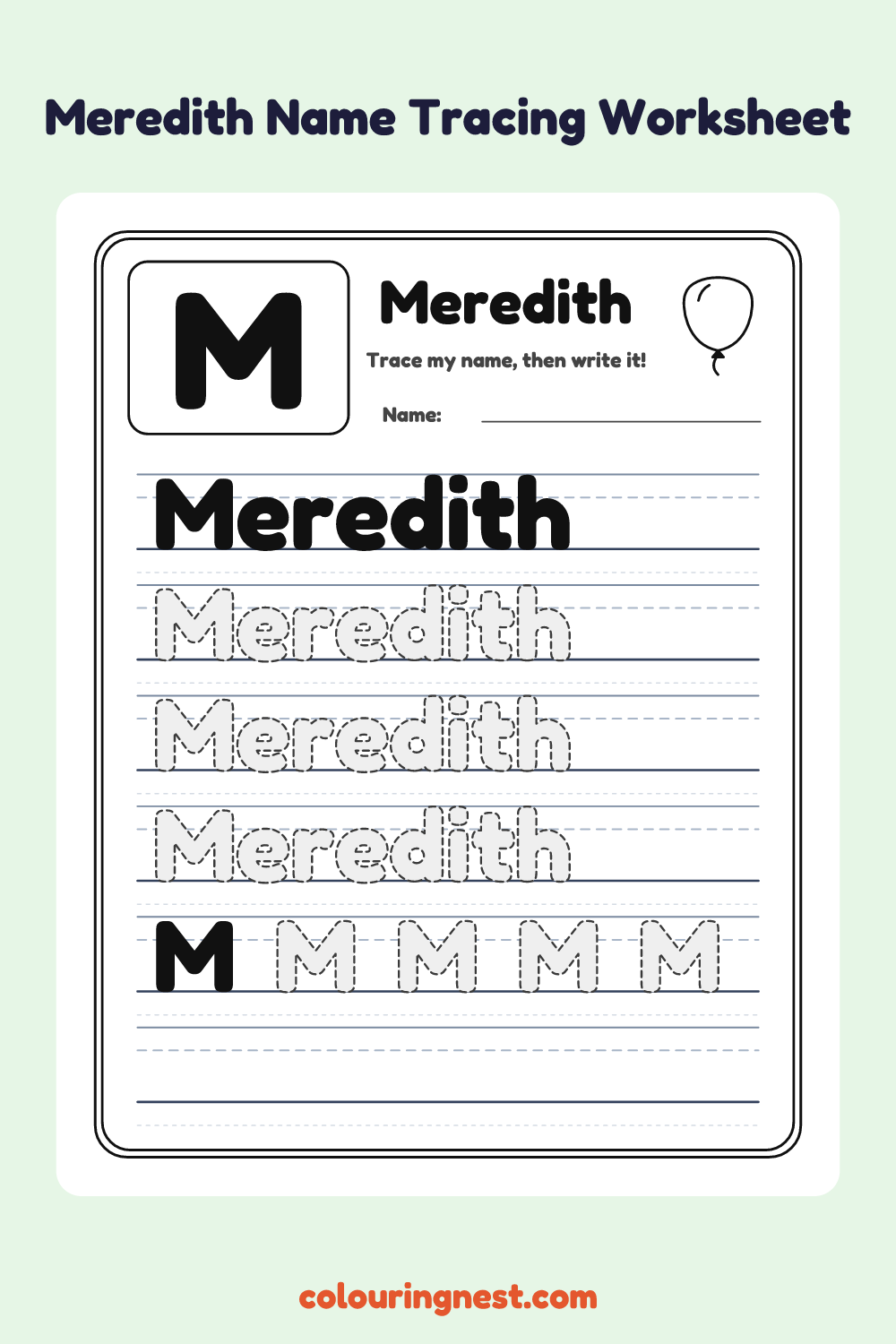 Meredith Name Tracing Worksheet: free printable black-and-white line art