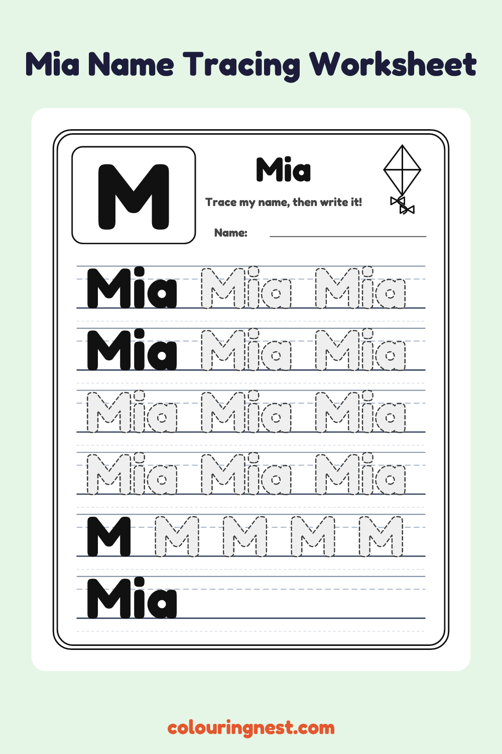 Mia Name Tracing Worksheet: free printable black-and-white line art