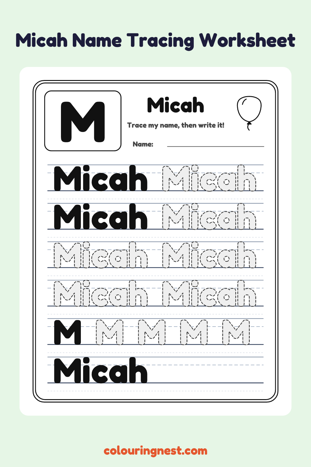 Micah Name Tracing Worksheet: free printable black-and-white line art