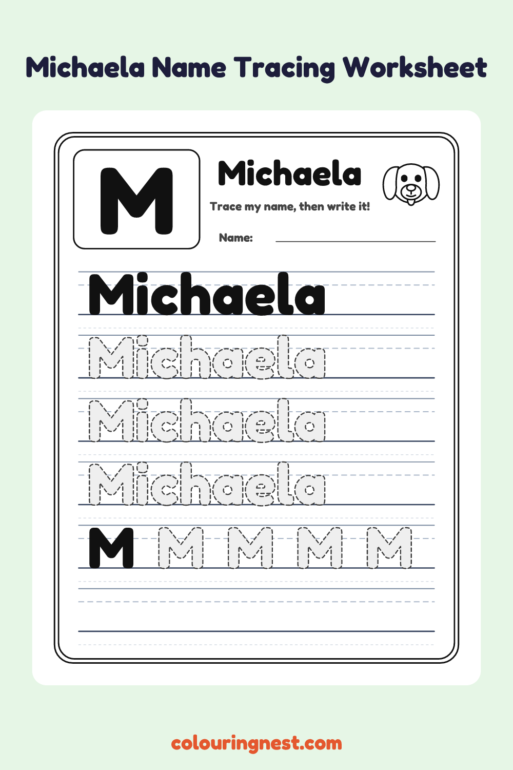 Michaela Name Tracing Worksheet: free printable black-and-white line art
