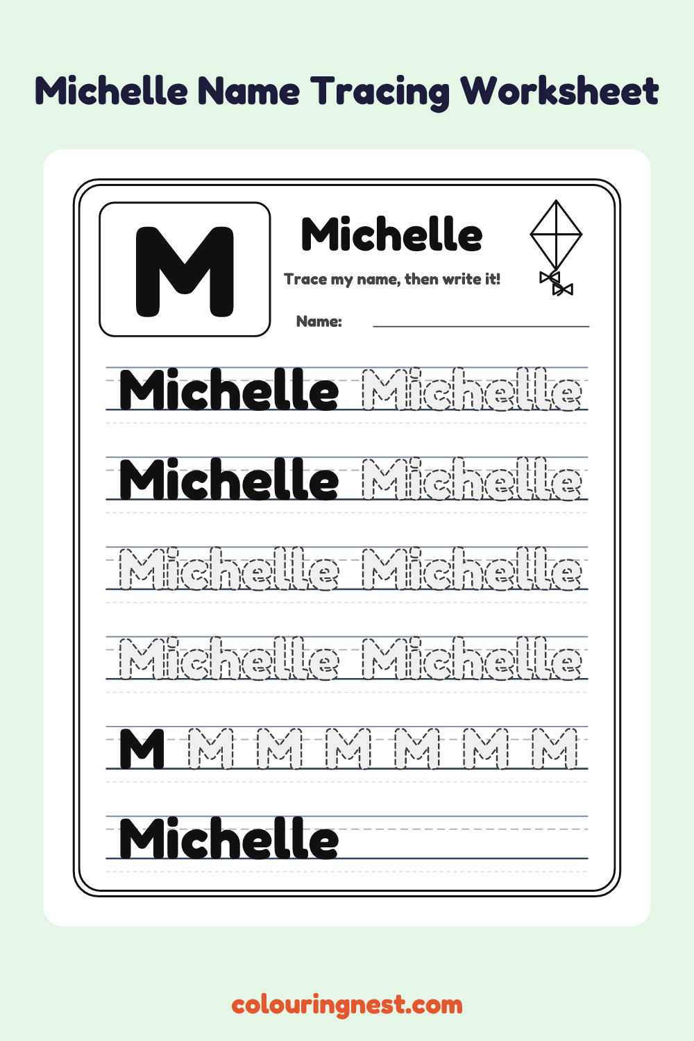 Michelle Name Tracing Worksheet: free printable black-and-white line art