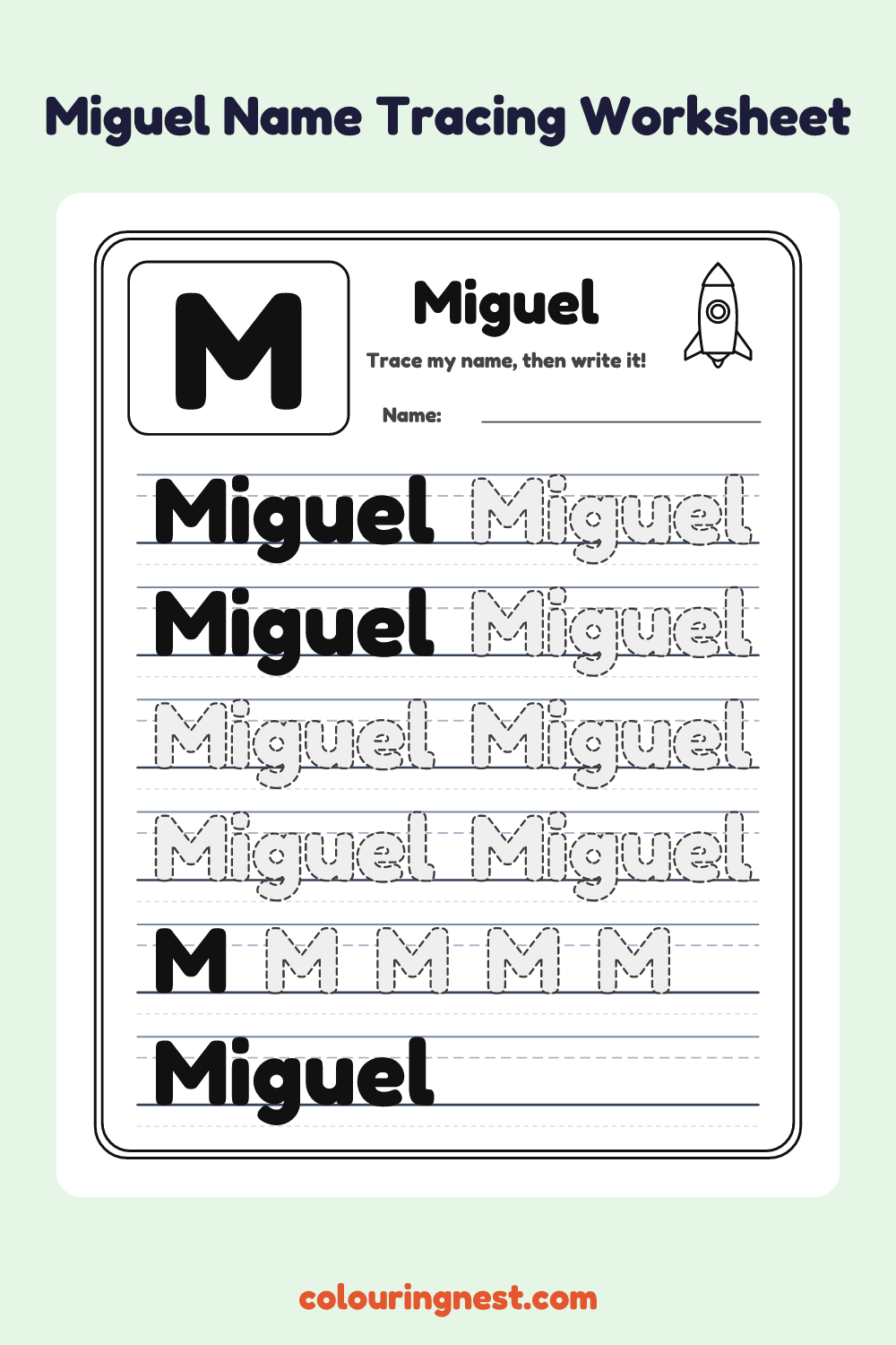 Miguel Name Tracing Worksheet: free printable black-and-white line art