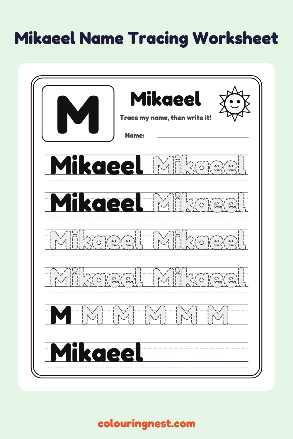 Mikaeel Name Tracing Worksheet: free printable black-and-white line art