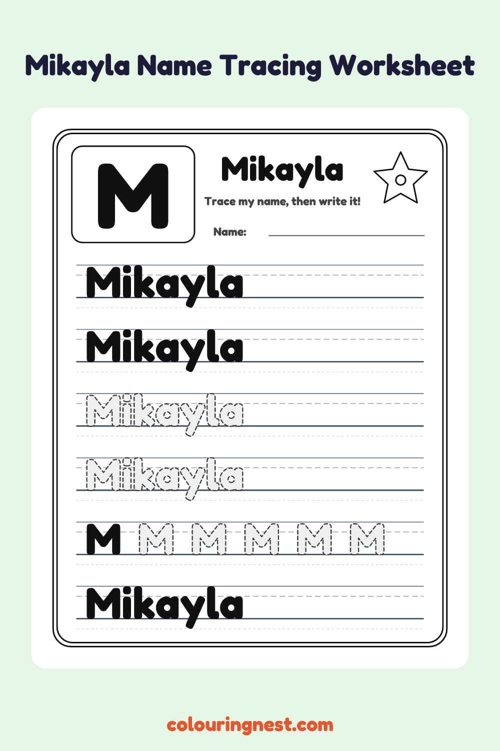 Mikayla Name Tracing Worksheet: free printable black-and-white line art