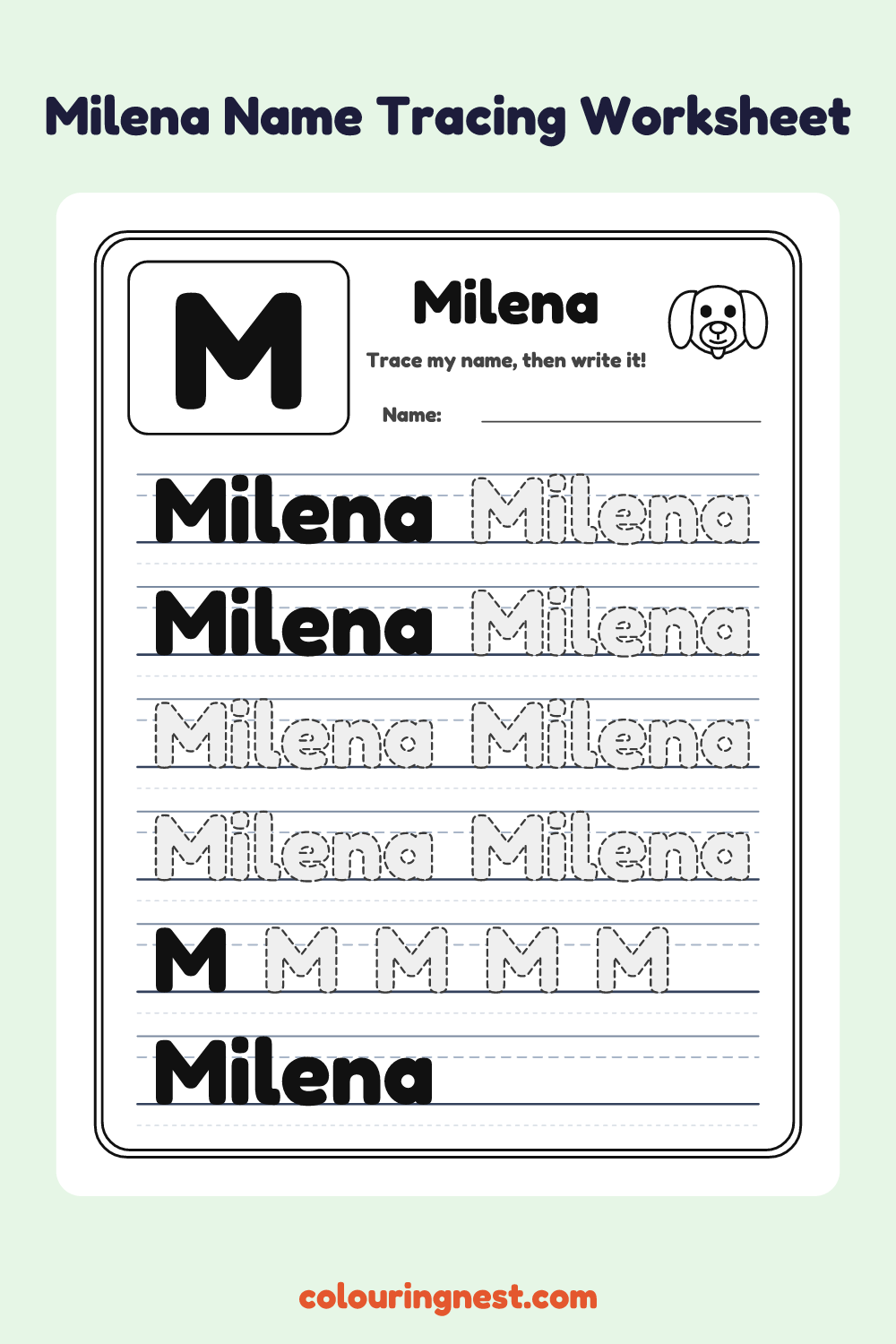Milena Name Tracing Worksheet: free printable black-and-white line art