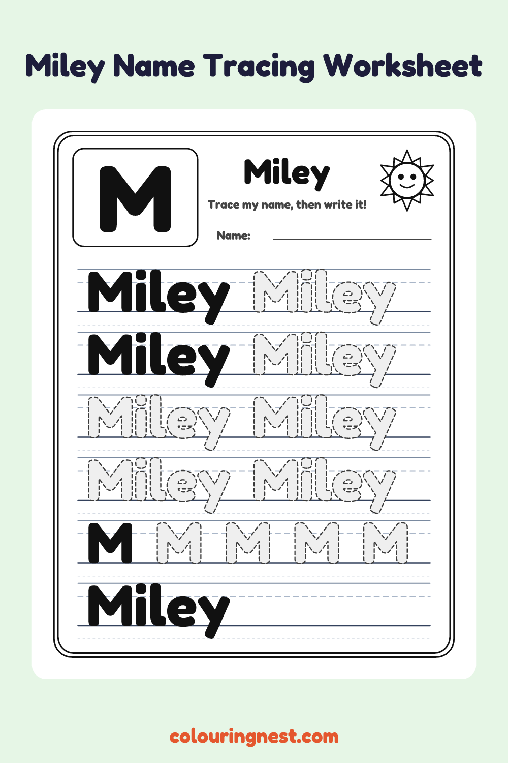 Miley Name Tracing Worksheet: free printable black-and-white line art