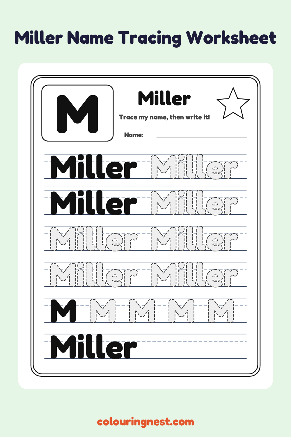 Miller Name Tracing Worksheet: free printable black-and-white line art