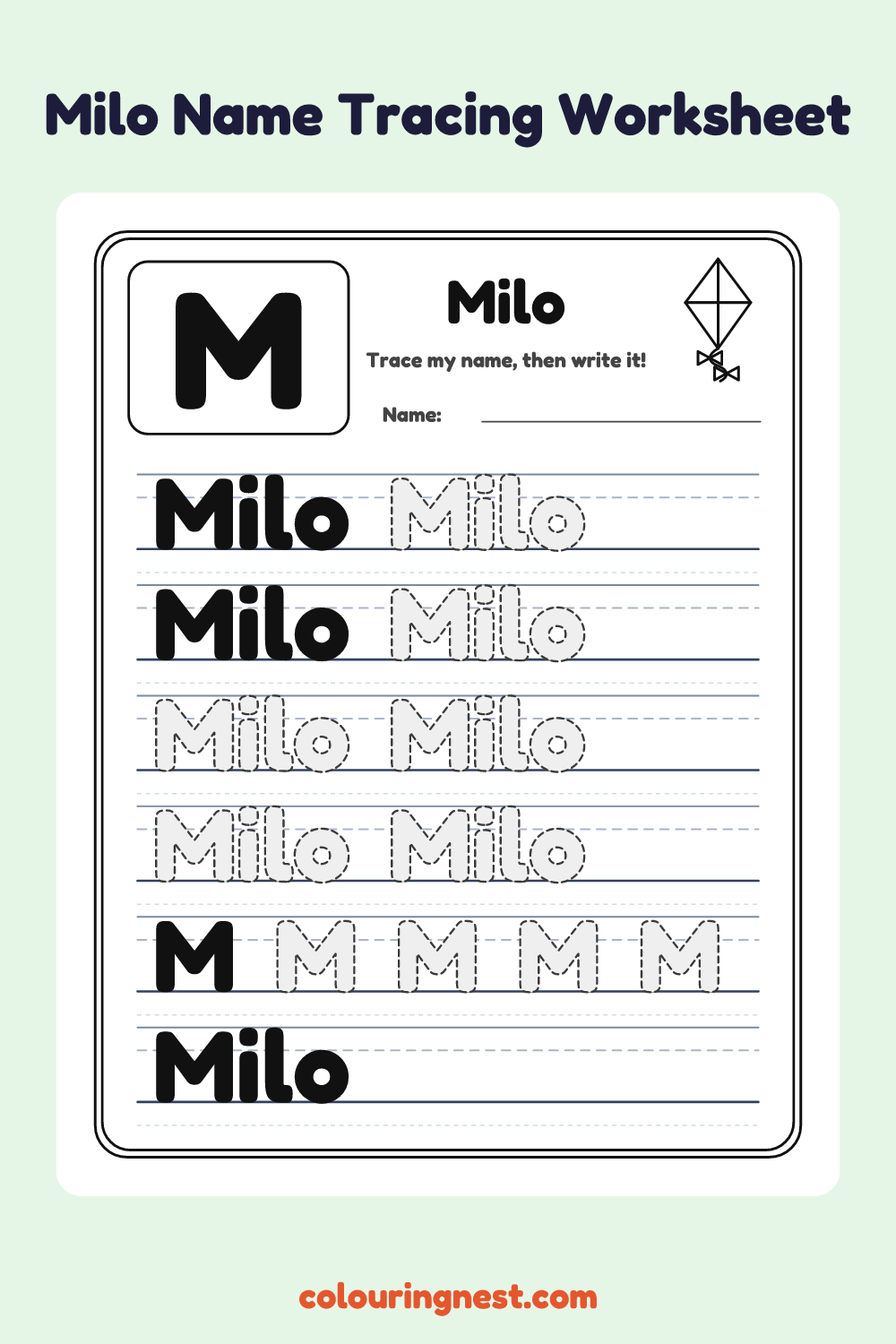 Milo Name Tracing Worksheet: free printable black-and-white line art