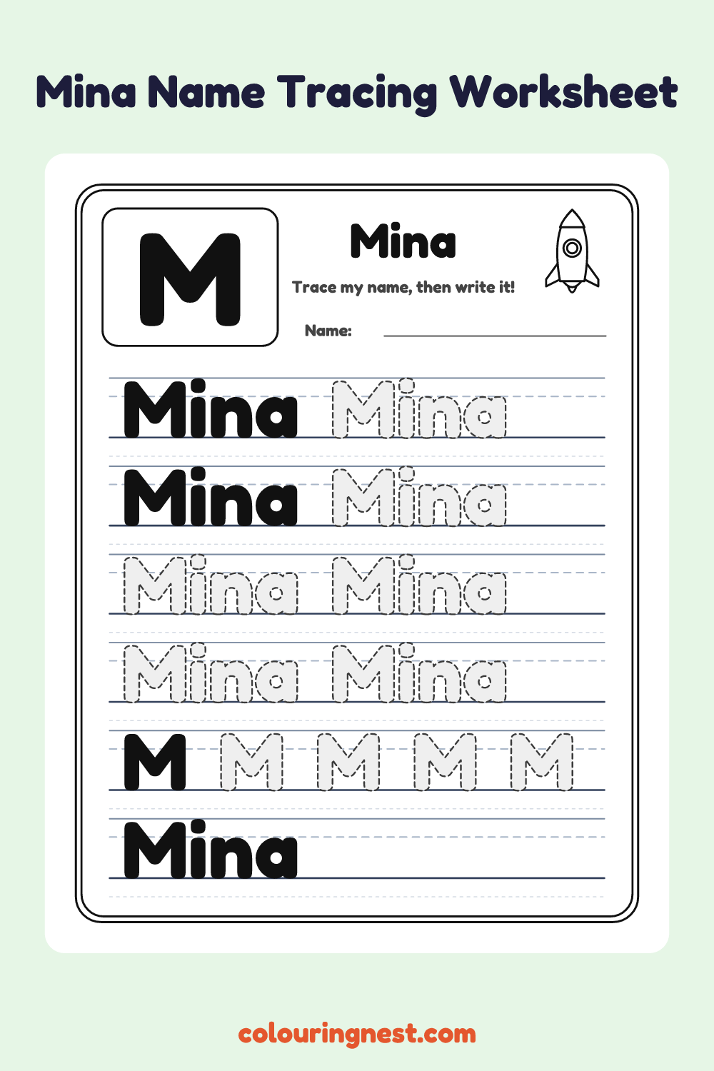 Mina Name Tracing Worksheet: free printable black-and-white line art