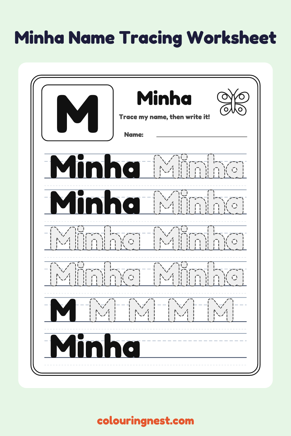 Minha Name Tracing Worksheet: free printable black-and-white line art