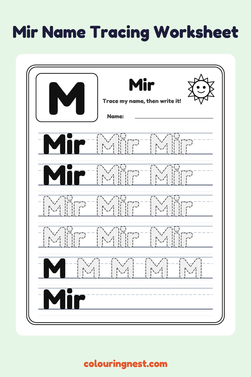 Mir Name Tracing Worksheet: free printable black-and-white line art