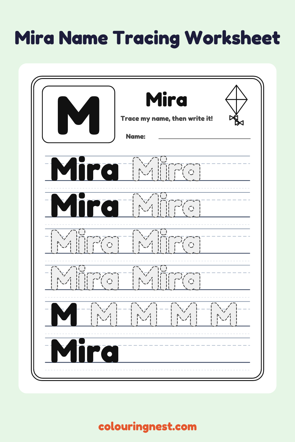 Mira Name Tracing Worksheet: free printable black-and-white line art
