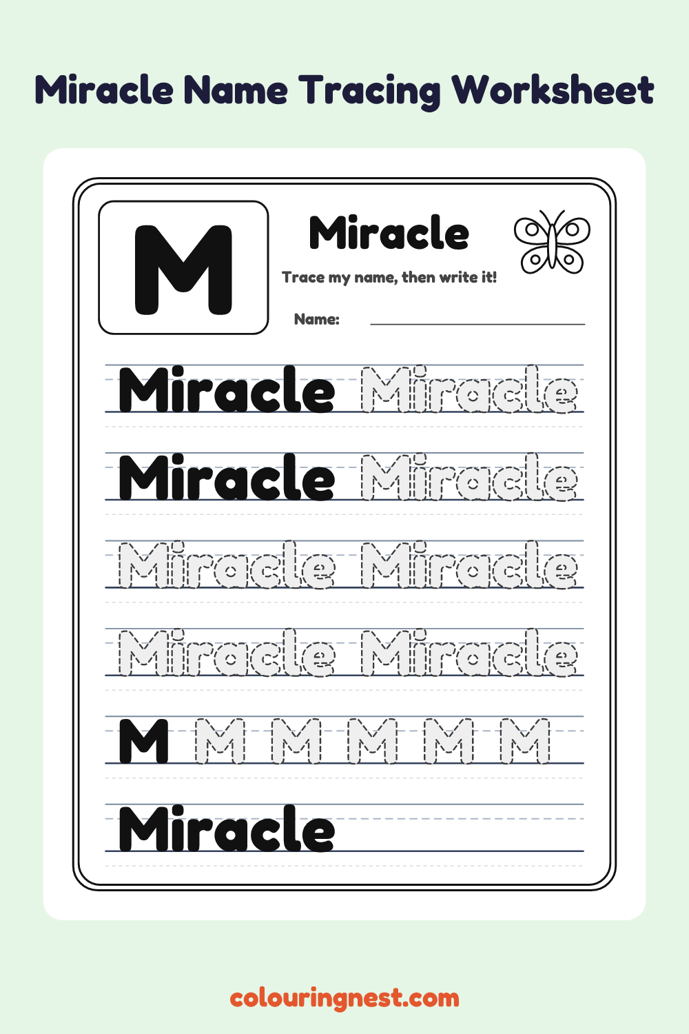 Miracle Name Tracing Worksheet: free printable black-and-white line art