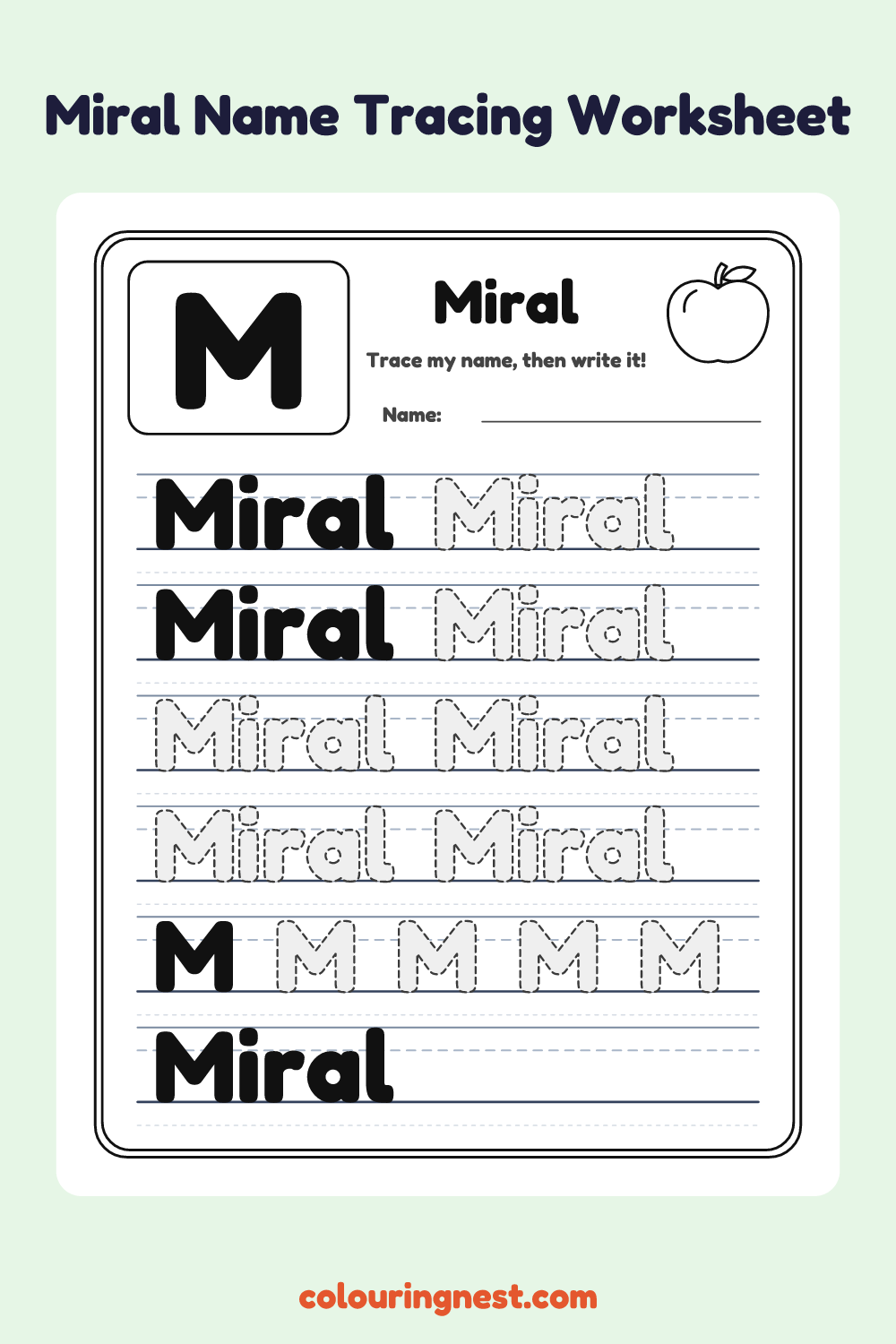 Miral Name Tracing Worksheet: free printable black-and-white line art