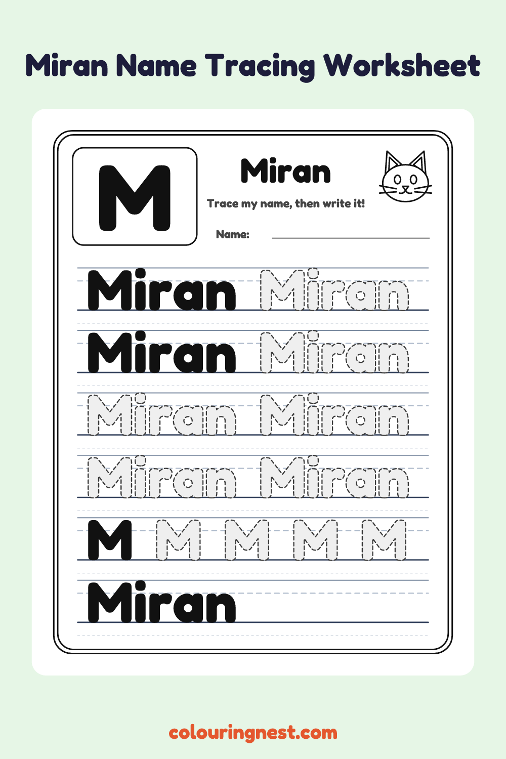 Miran Name Tracing Worksheet: free printable black-and-white line art