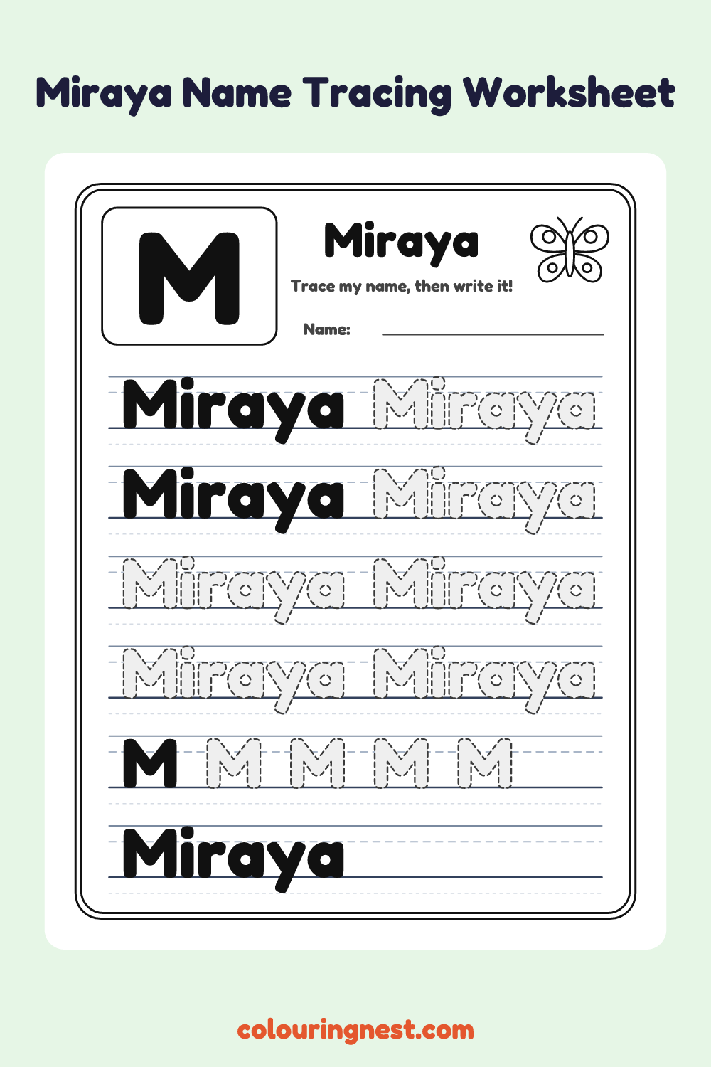 Miraya Name Tracing Worksheet: free printable black-and-white line art