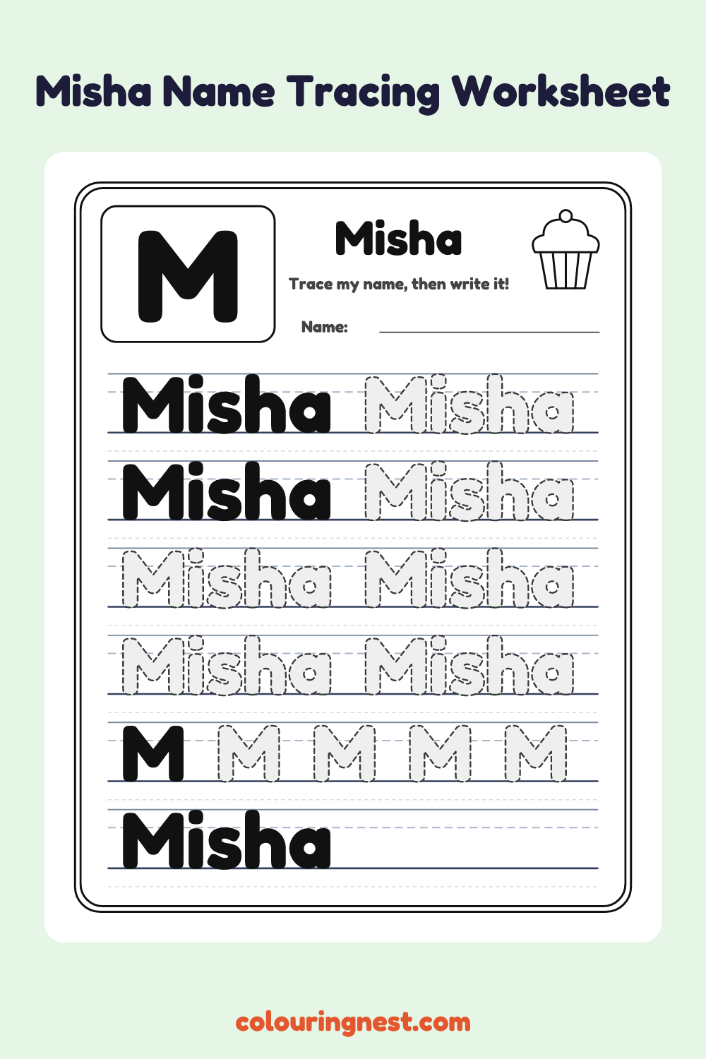 Misha Name Tracing Worksheet: free printable black-and-white line art