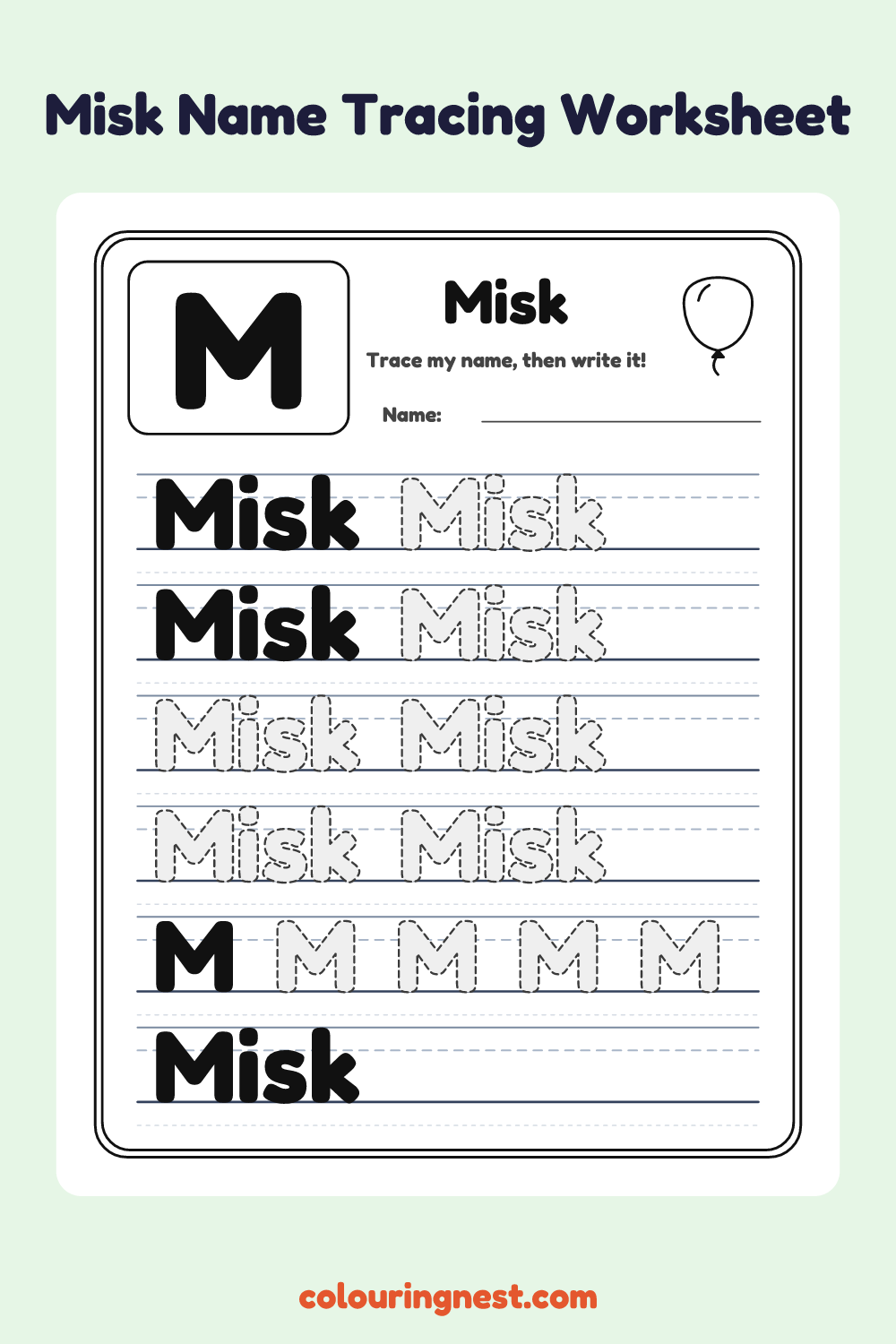 Misk Name Tracing Worksheet: free printable black-and-white line art