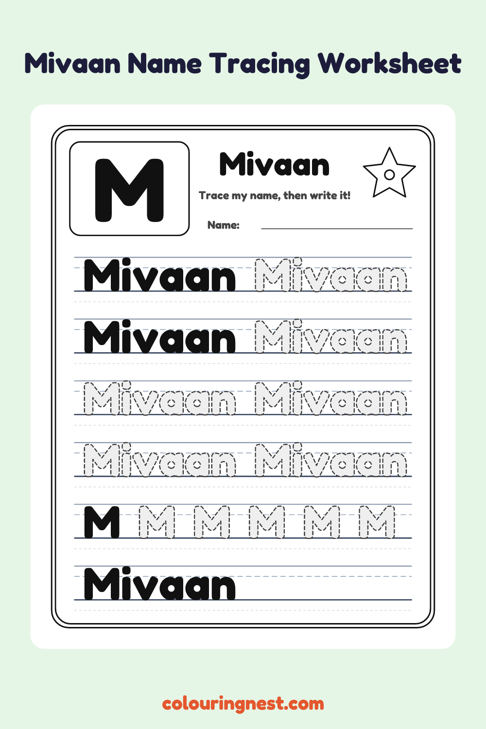 Mivaan Name Tracing Worksheet: free printable black-and-white line art