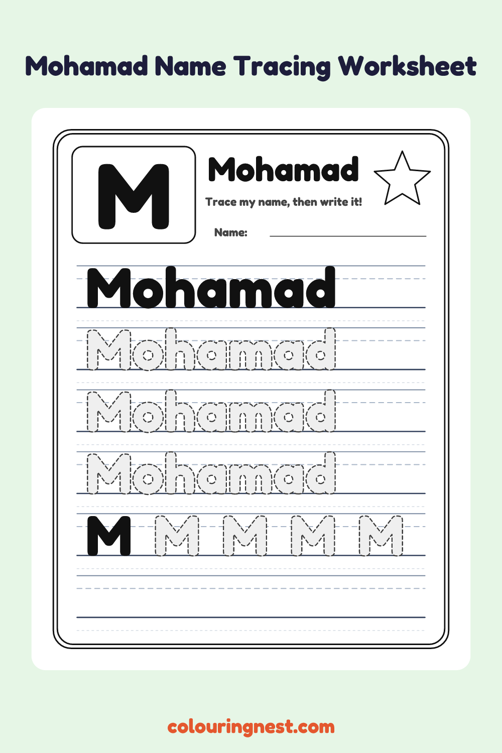 Mohamad Name Tracing Worksheet: free printable black-and-white line art