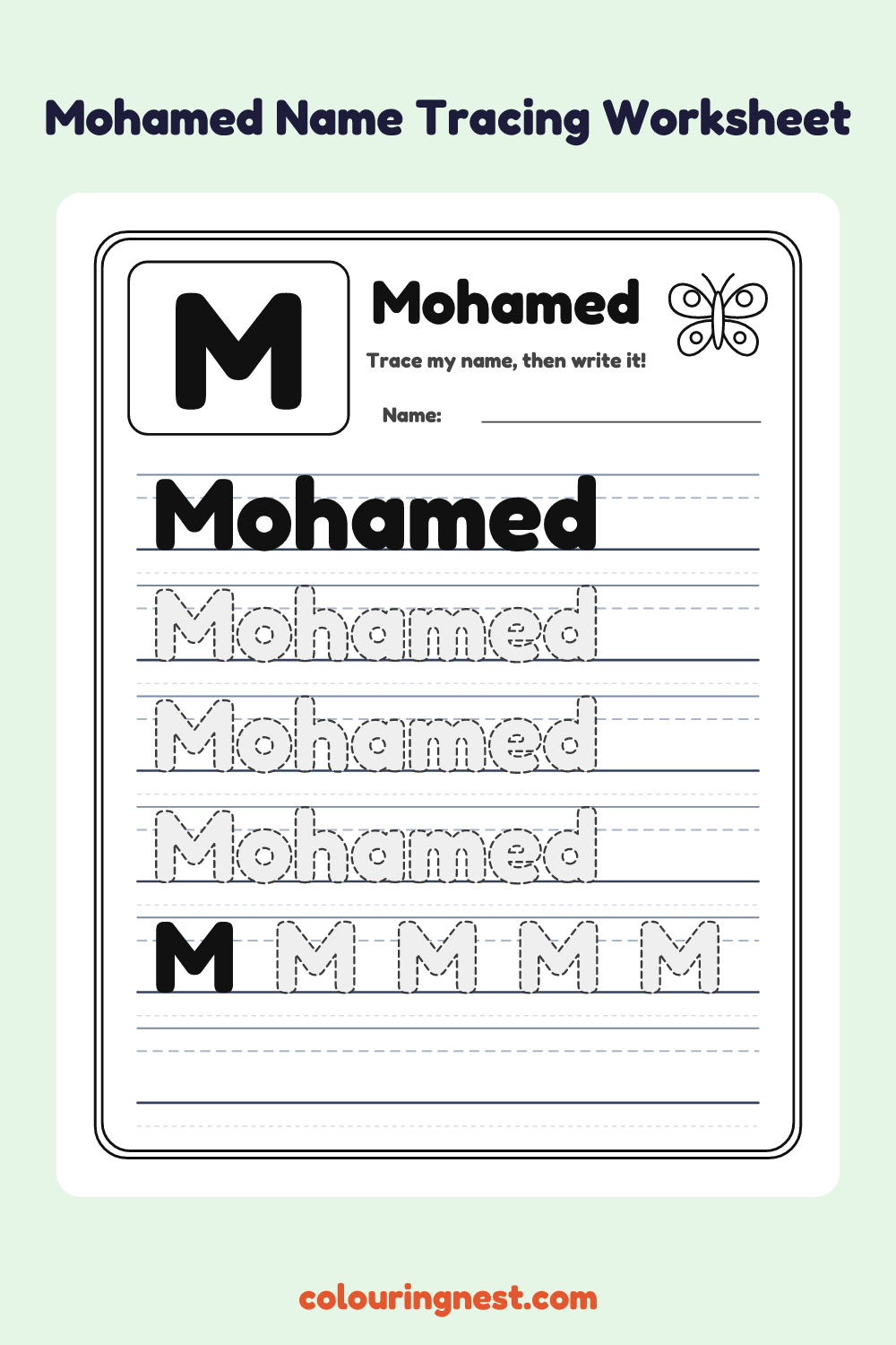 Mohamed Name Tracing Worksheet: free printable black-and-white line art