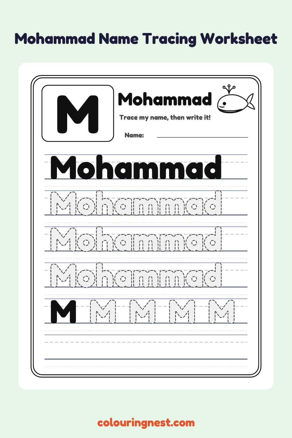 Mohammad Name Tracing Worksheet: free printable black-and-white line art