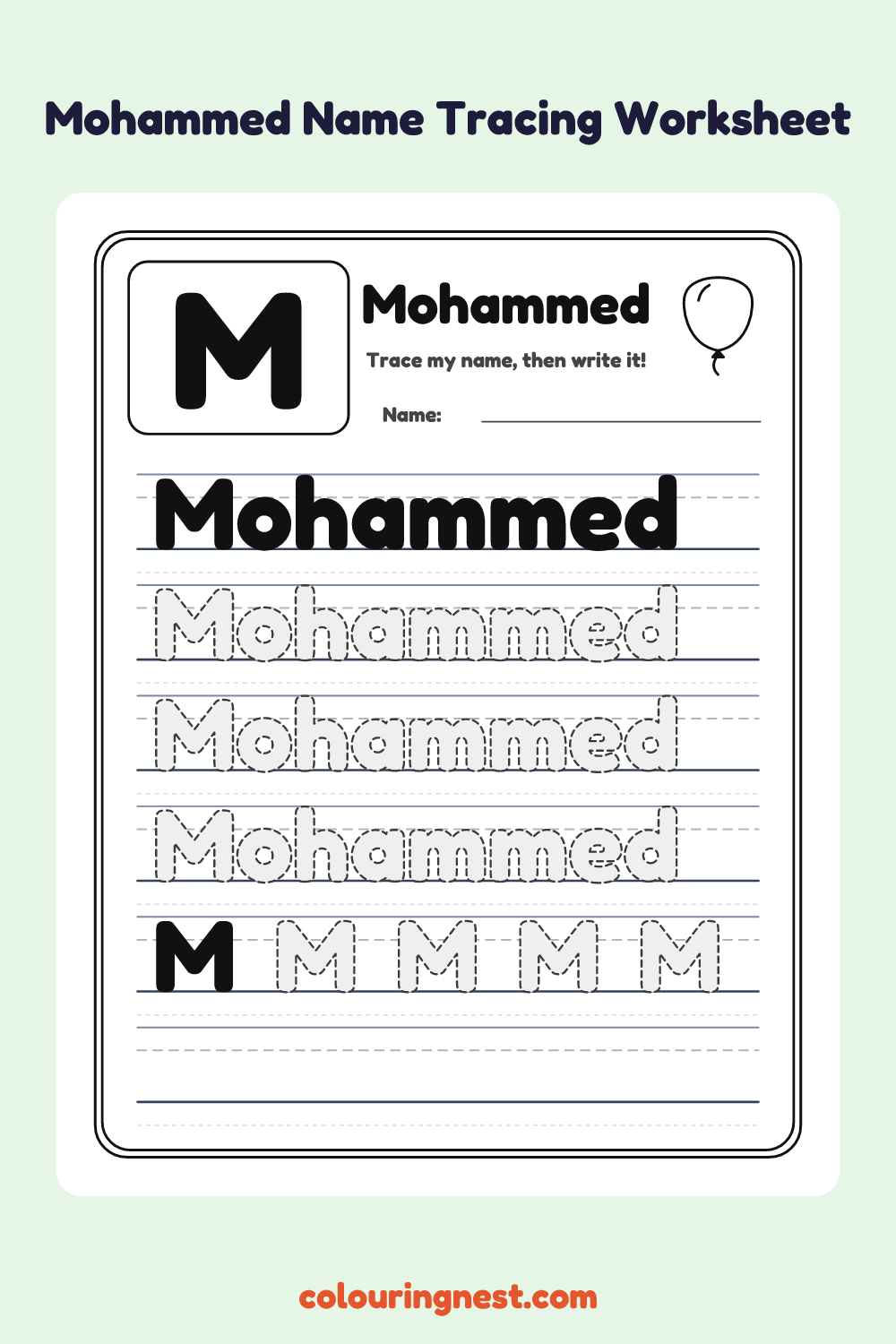 Mohammed Name Tracing Worksheet: free printable black-and-white line art
