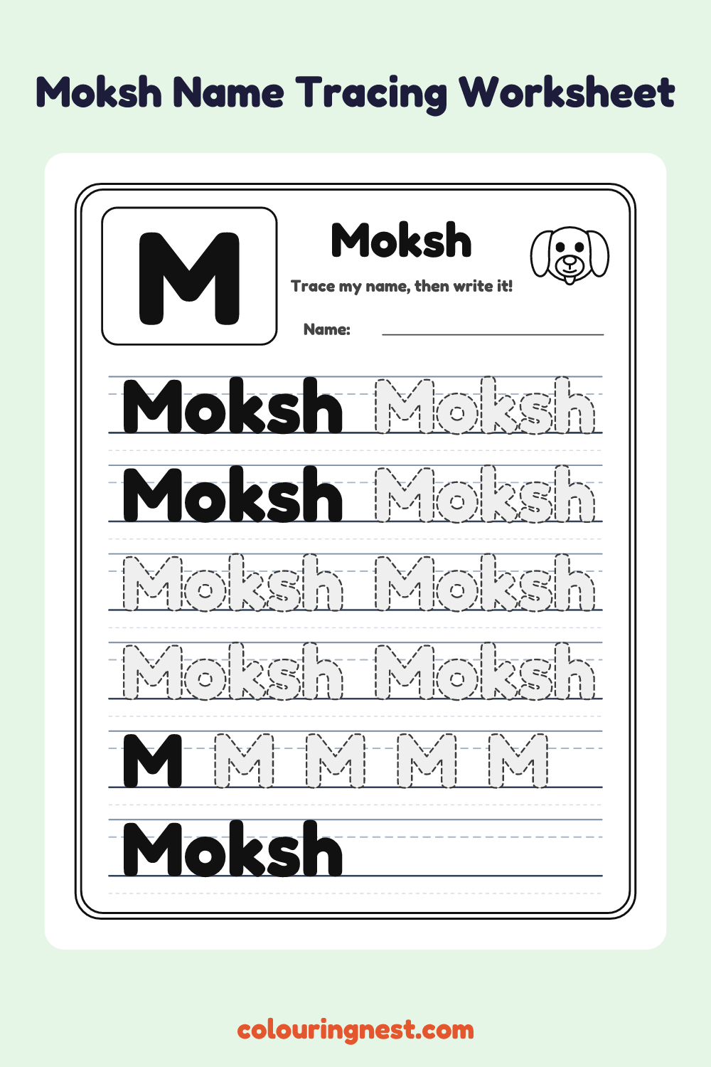 Moksh Name Tracing Worksheet: free printable black-and-white line art