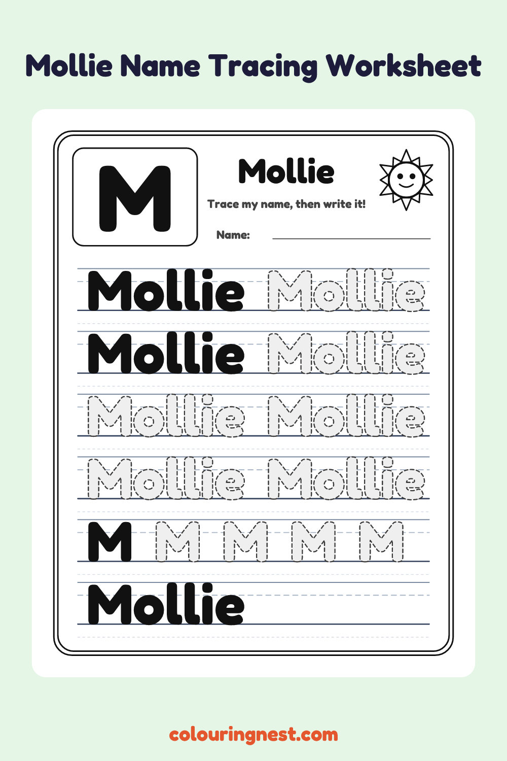 Mollie Name Tracing Worksheet: free printable black-and-white line art