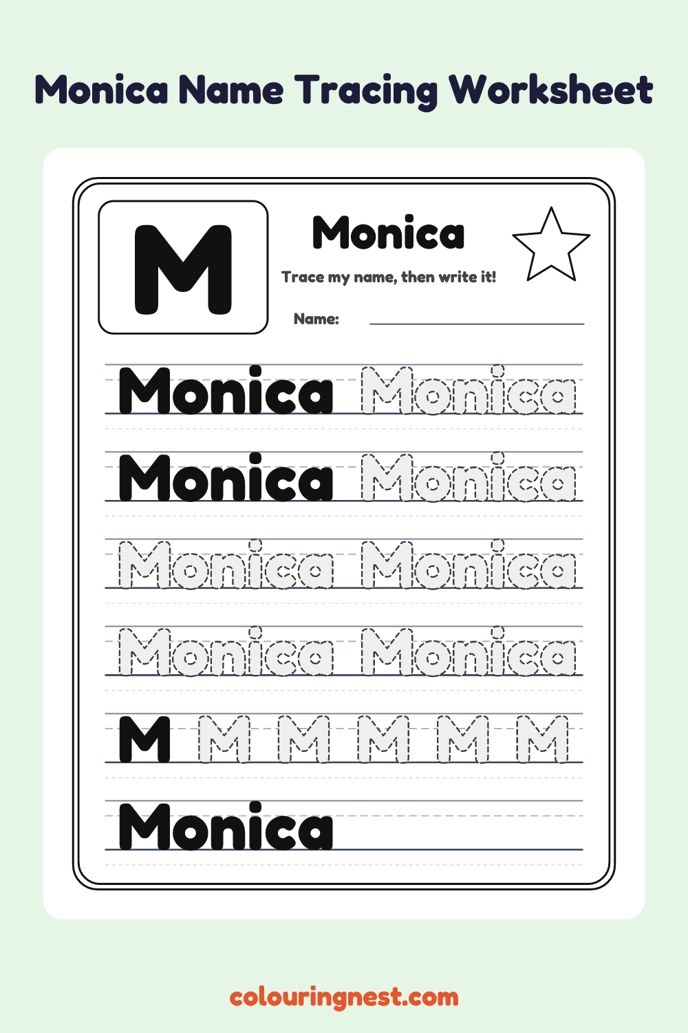 Monica Name Tracing Worksheet: free printable black-and-white line art