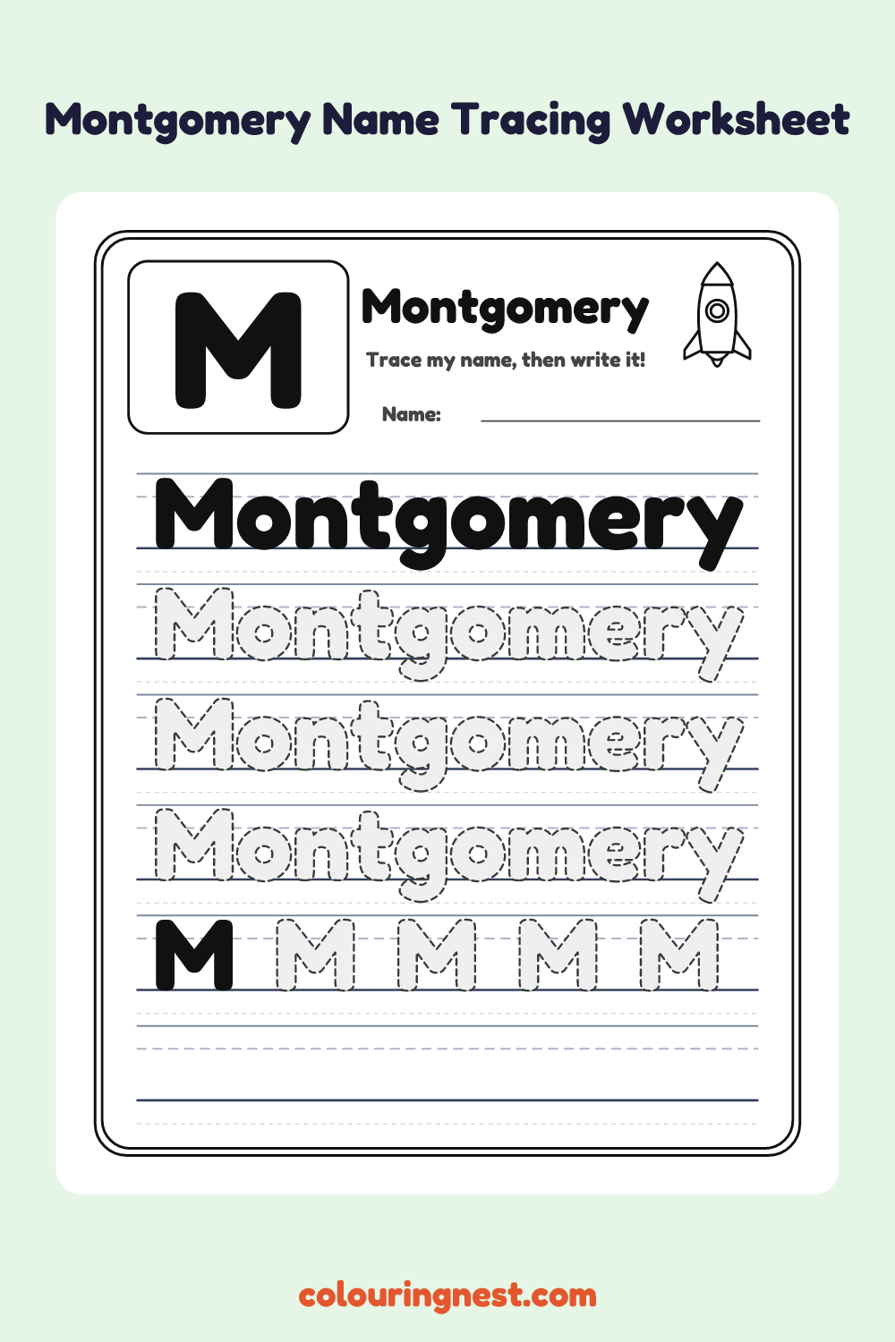 Montgomery Name Tracing Worksheet: free printable black-and-white line art