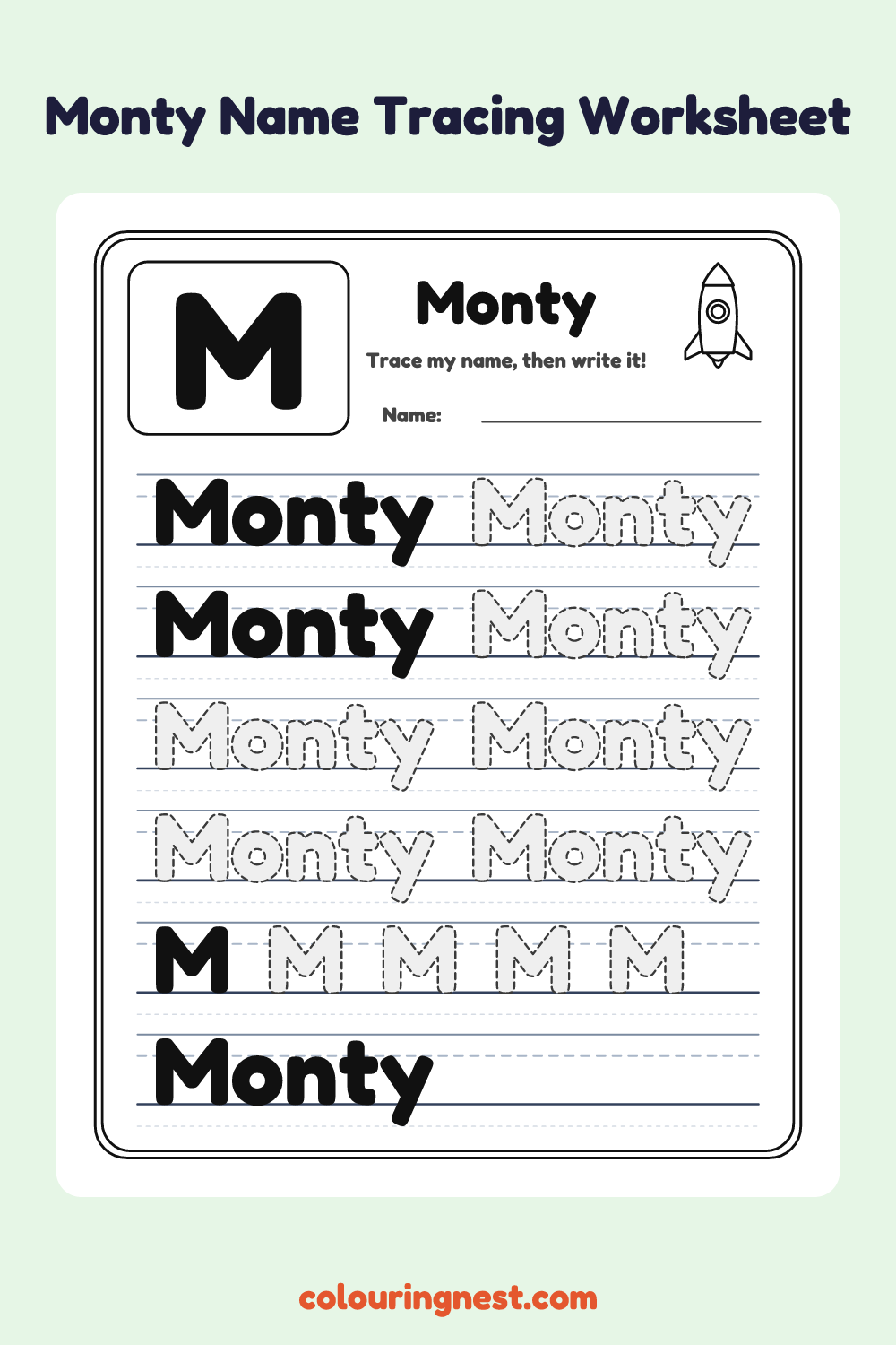 Monty Name Tracing Worksheet: free printable black-and-white line art