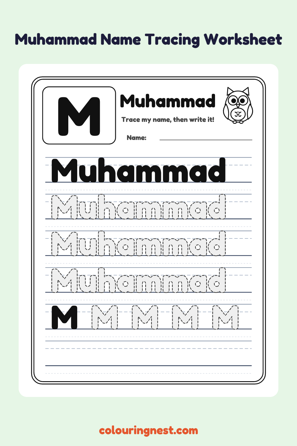 Muhammad Name Tracing Worksheet: free printable black-and-white line art