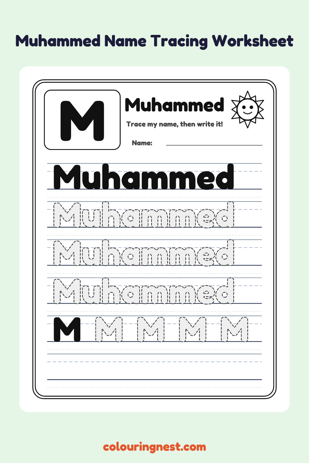 Muhammed Name Tracing Worksheet: free printable black-and-white line art