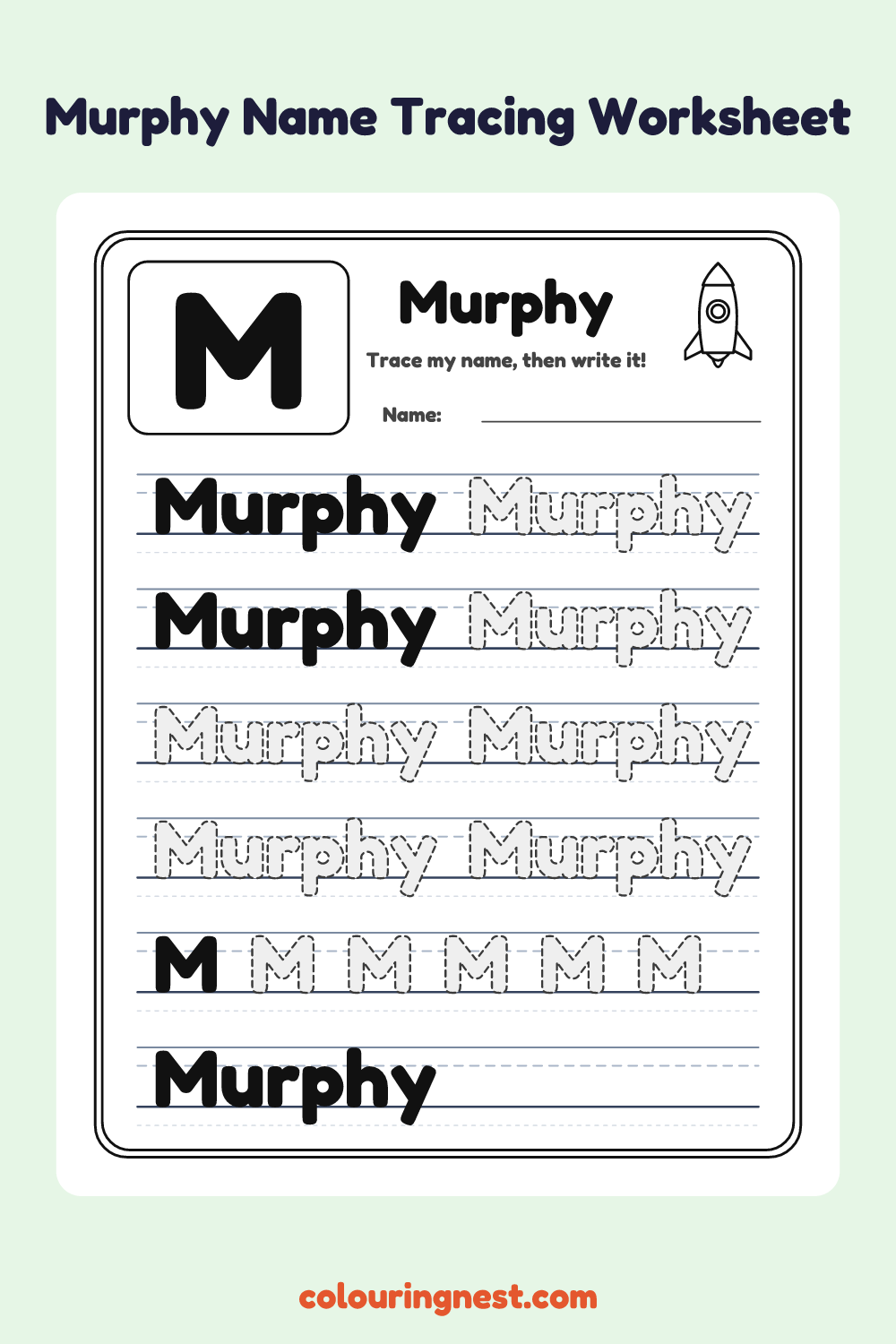 Murphy Name Tracing Worksheet: free printable black-and-white line art