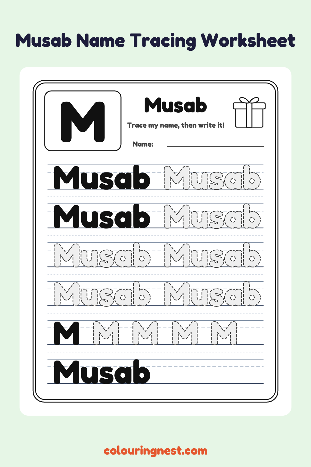 Musab Name Tracing Worksheet: free printable black-and-white line art