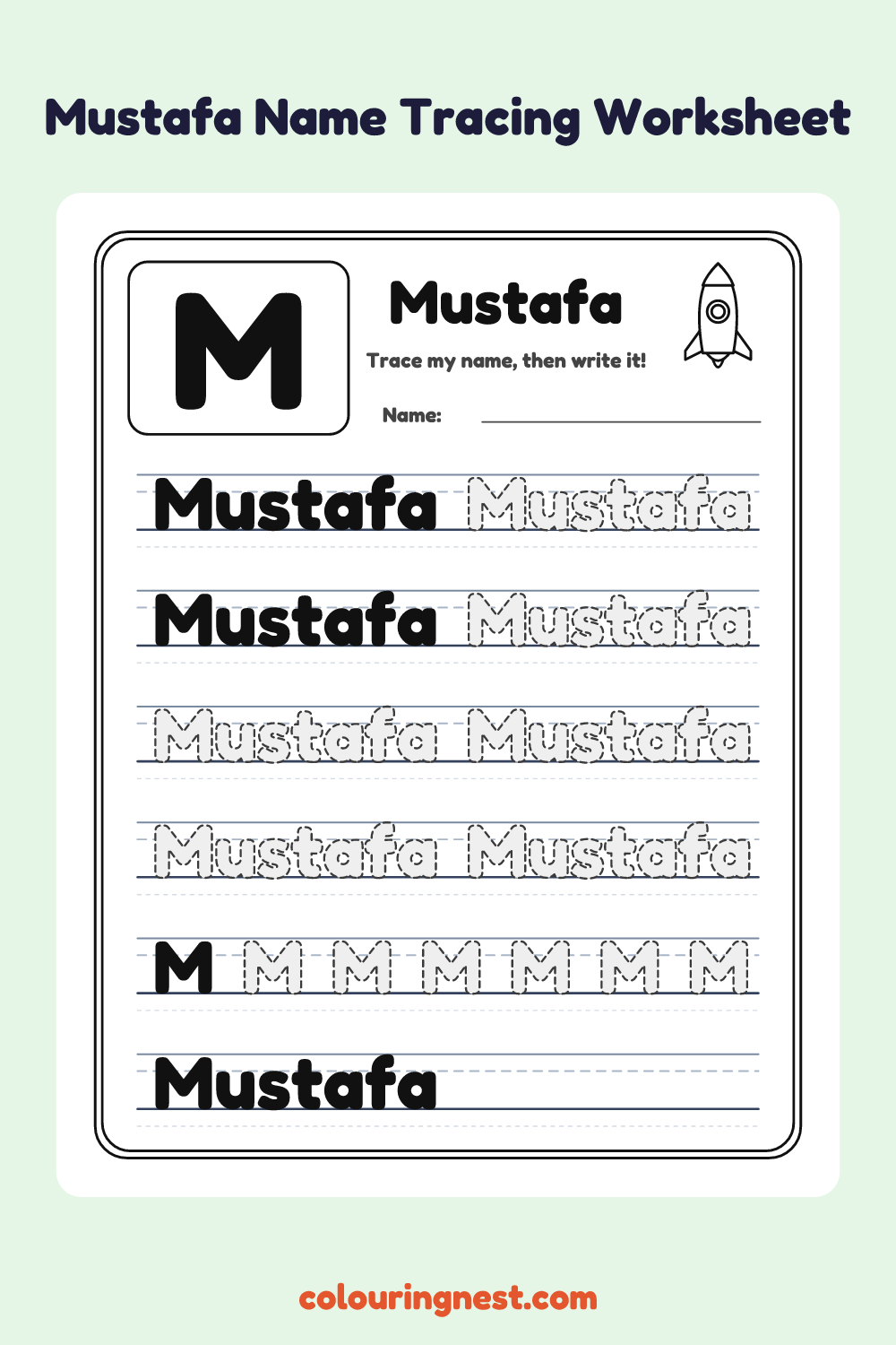 Mustafa Name Tracing Worksheet: free printable black-and-white line art