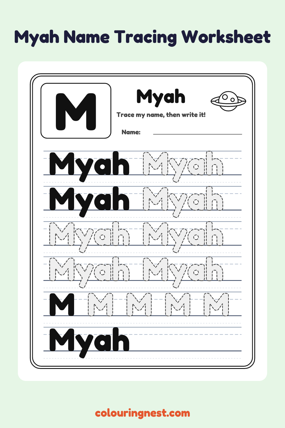 Myah Name Tracing Worksheet: free printable black-and-white line art