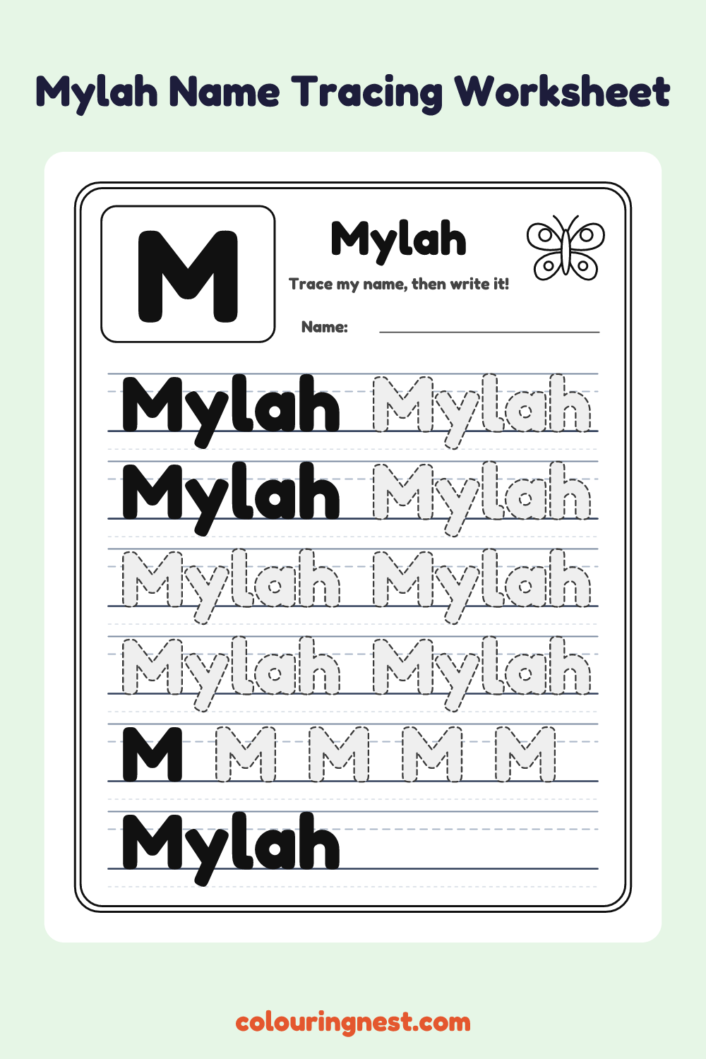 Mylah Name Tracing Worksheet: free printable black-and-white line art