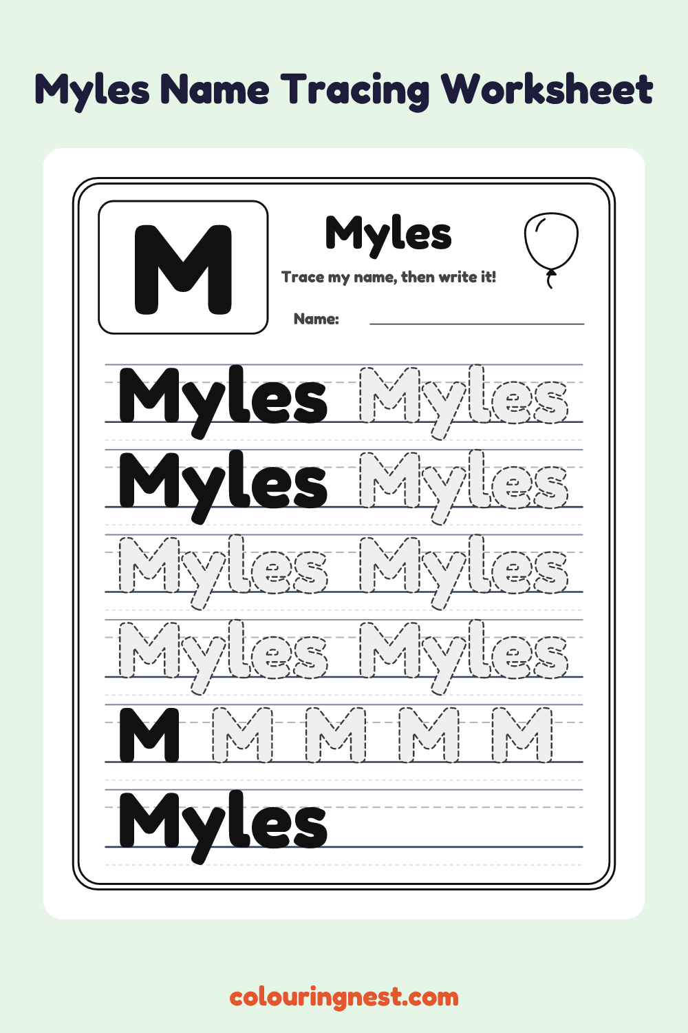 Myles Name Tracing Worksheet: free printable black-and-white line art