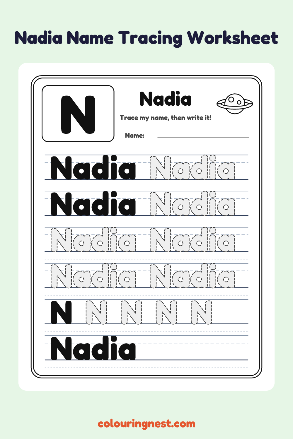 Nadia Name Tracing Worksheet: free printable black-and-white line art
