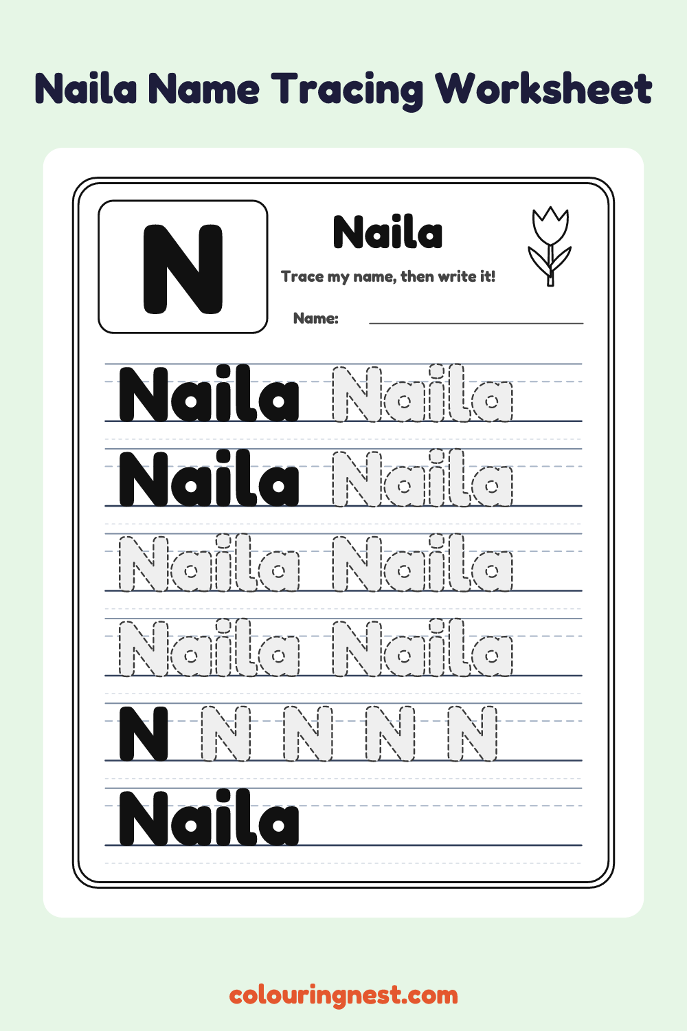 Naila Name Tracing Worksheet: free printable black-and-white line art