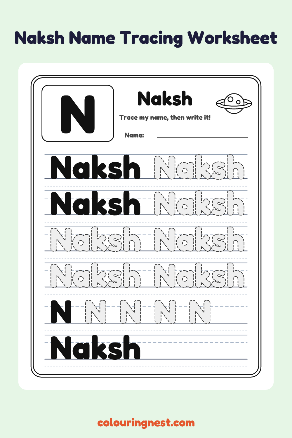 Naksh Name Tracing Worksheet: free printable black-and-white line art