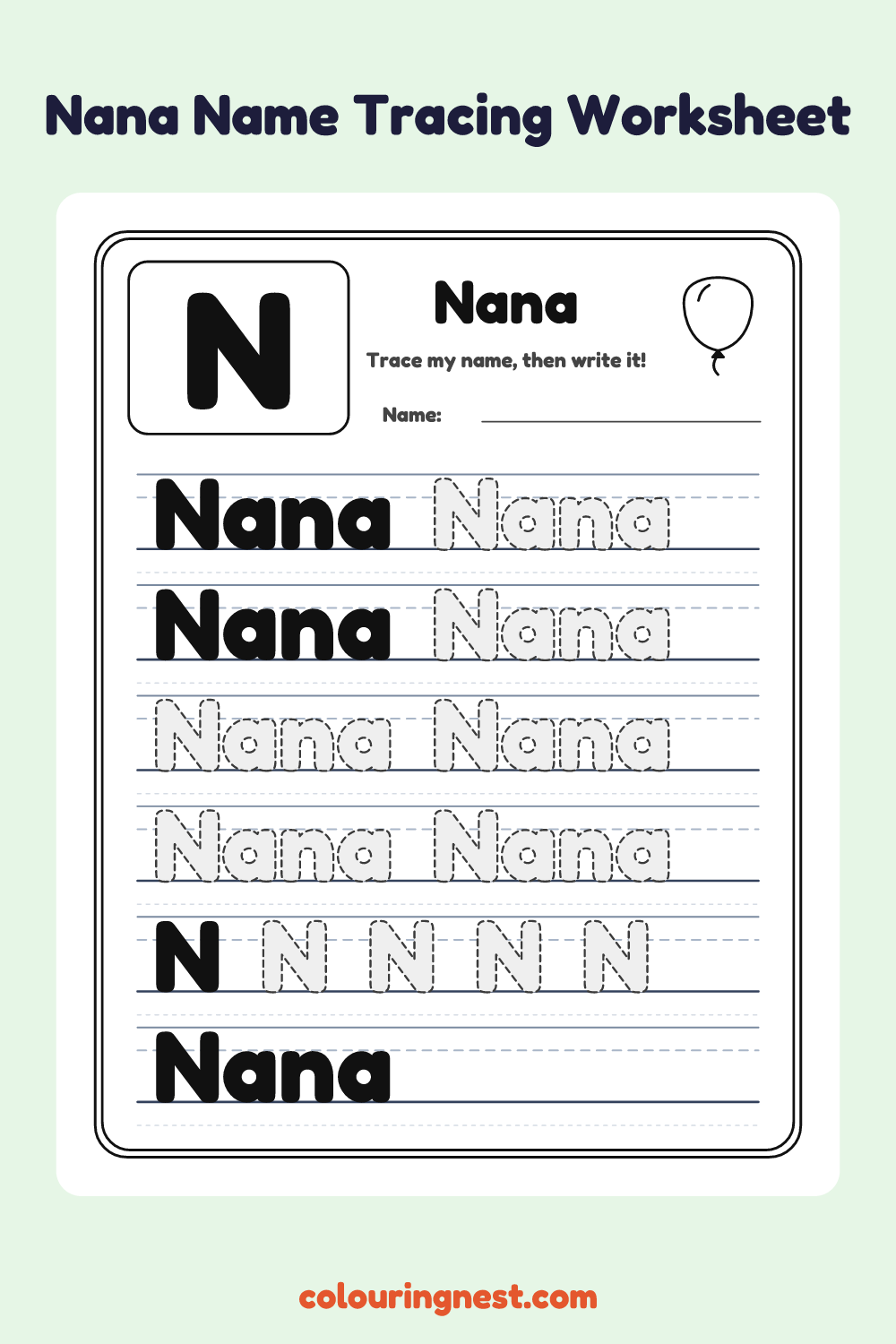 Nana Name Tracing Worksheet: free printable black-and-white line art