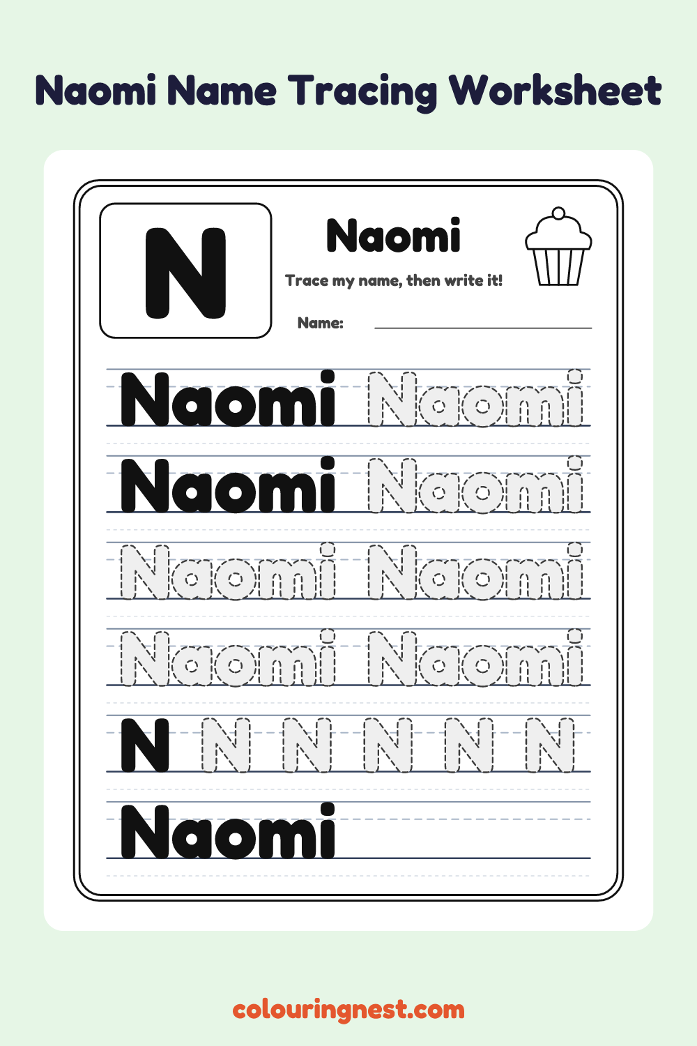 Naomi Name Tracing Worksheet: free printable black-and-white line art