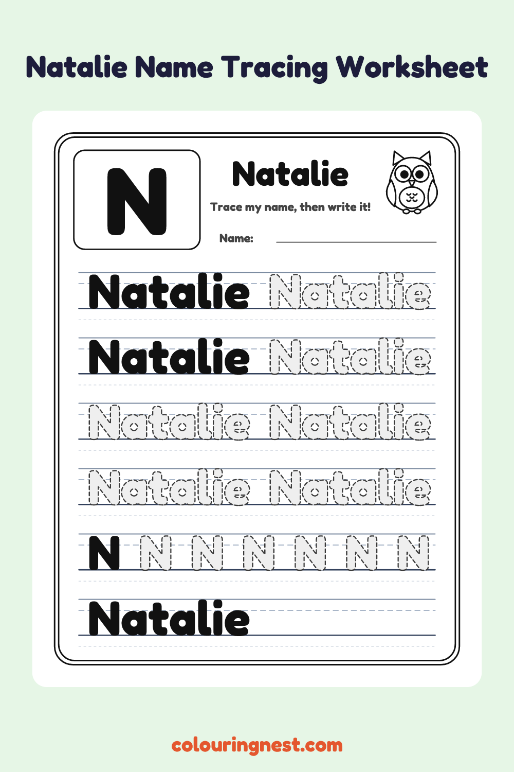 Natalie Name Tracing Worksheet: free printable black-and-white line art