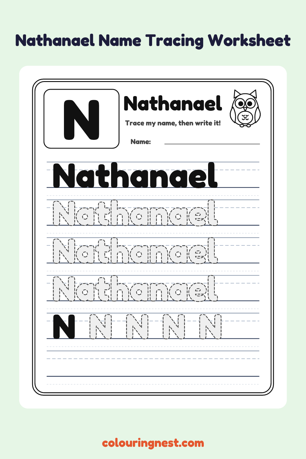 Nathanael Name Tracing Worksheet: free printable black-and-white line art