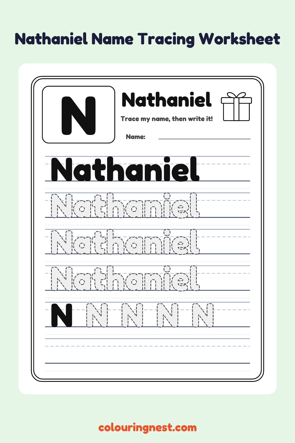 Nathaniel Name Tracing Worksheet: free printable black-and-white line art