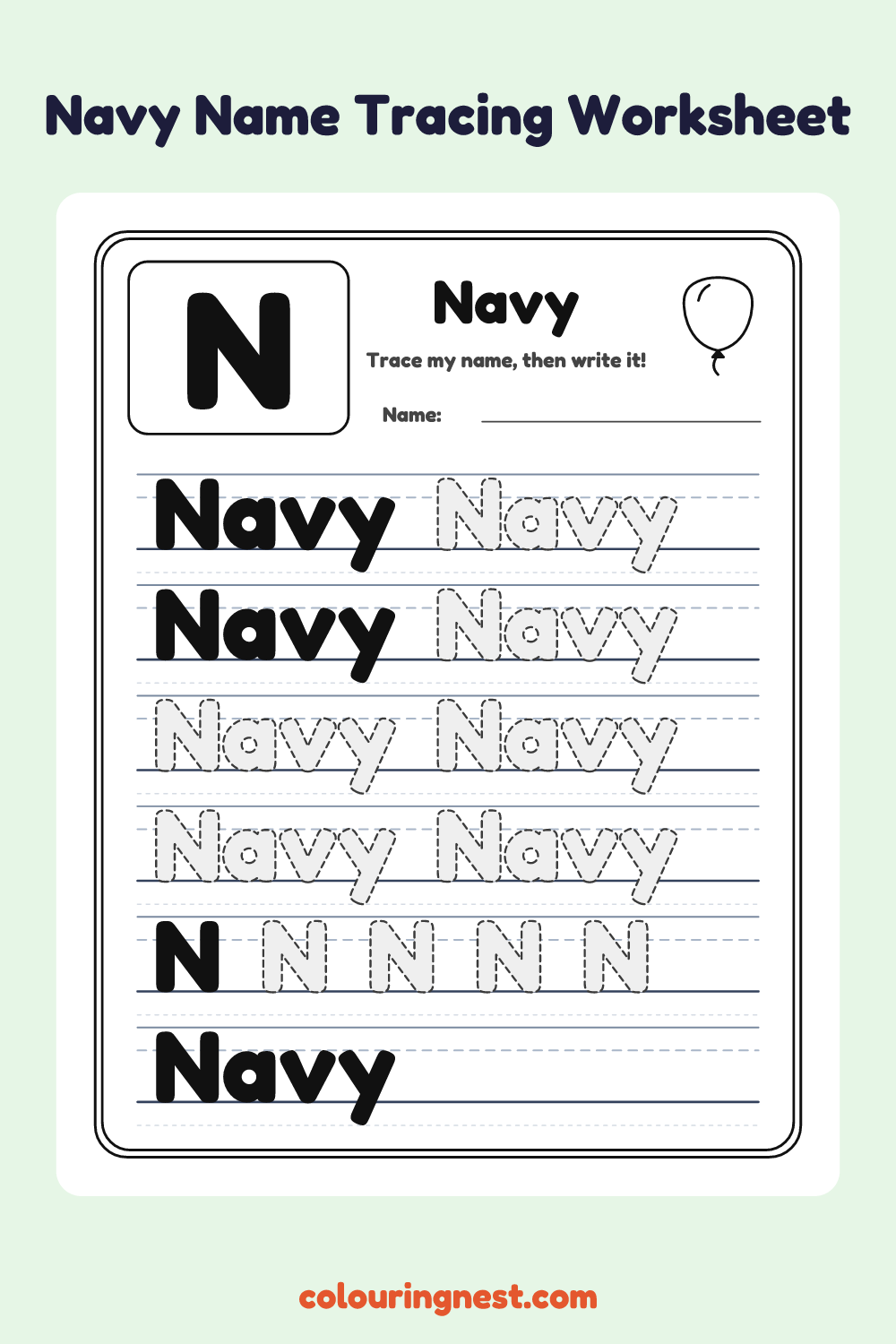 Navy Name Tracing Worksheet: free printable black-and-white line art