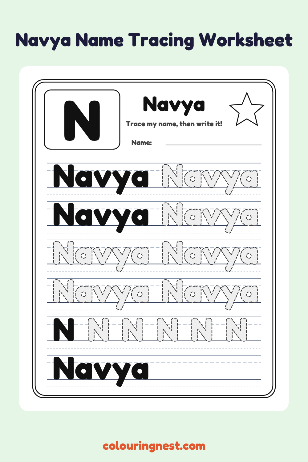 Navya Name Tracing Worksheet: free printable black-and-white line art